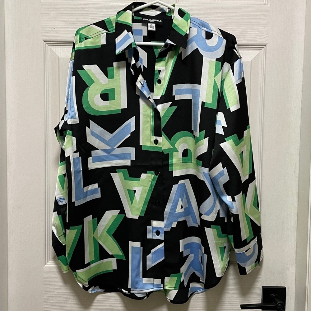 Karl Lagerfeld | Paris | Hi-Low | Button Down | Letter Print Blouse | Size S